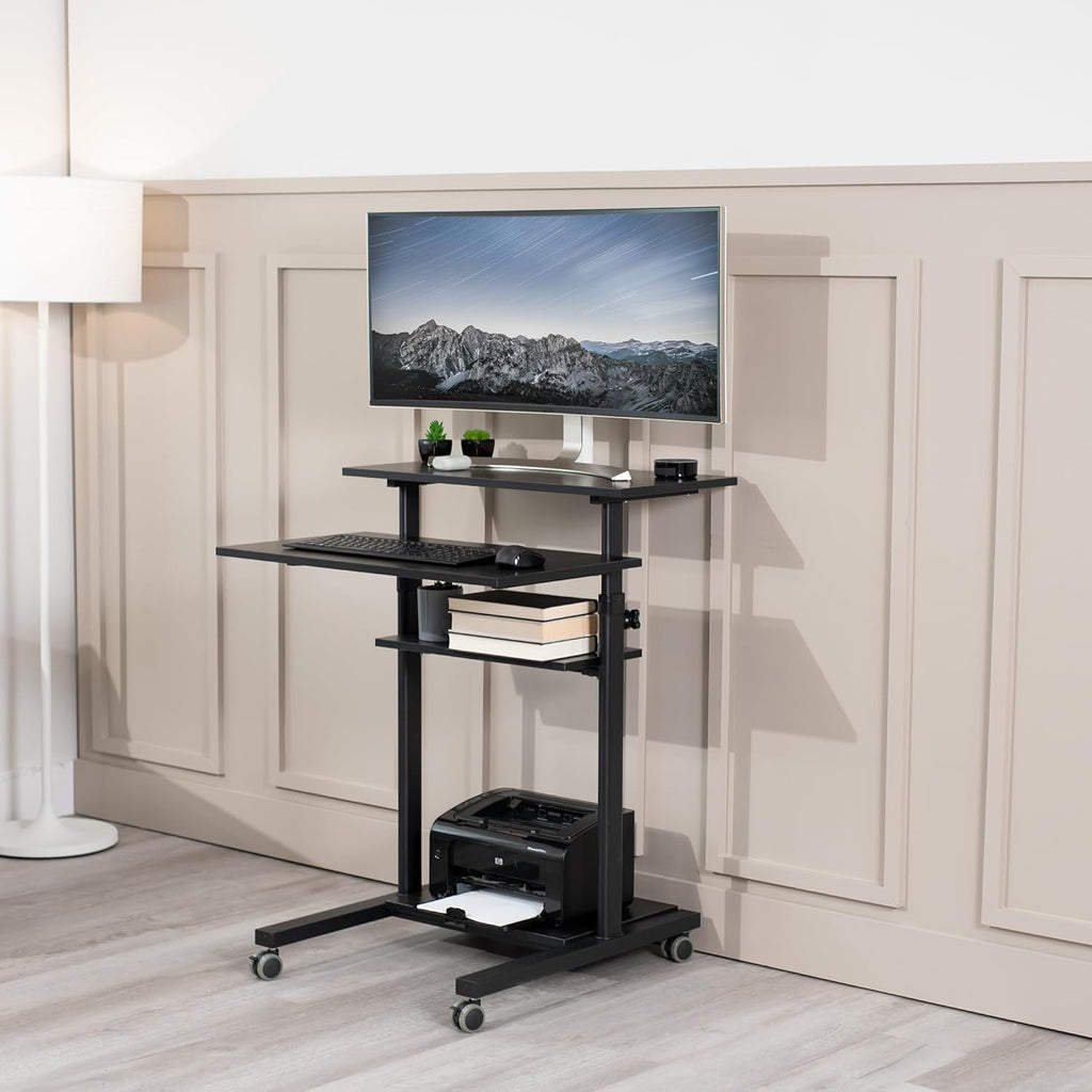 VIVO Mobile Height Adjustable Standing Desk Cart with Storage (Black)