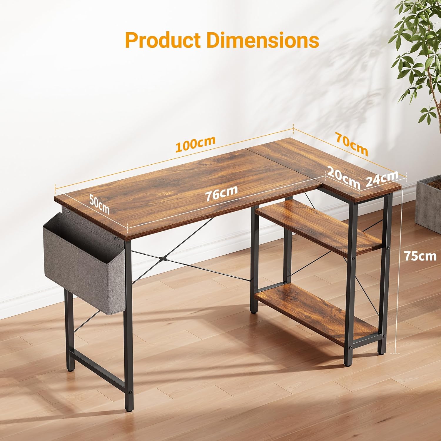 CubiCubi Rustic L-Shaped Computer Desk with Storage Shelves