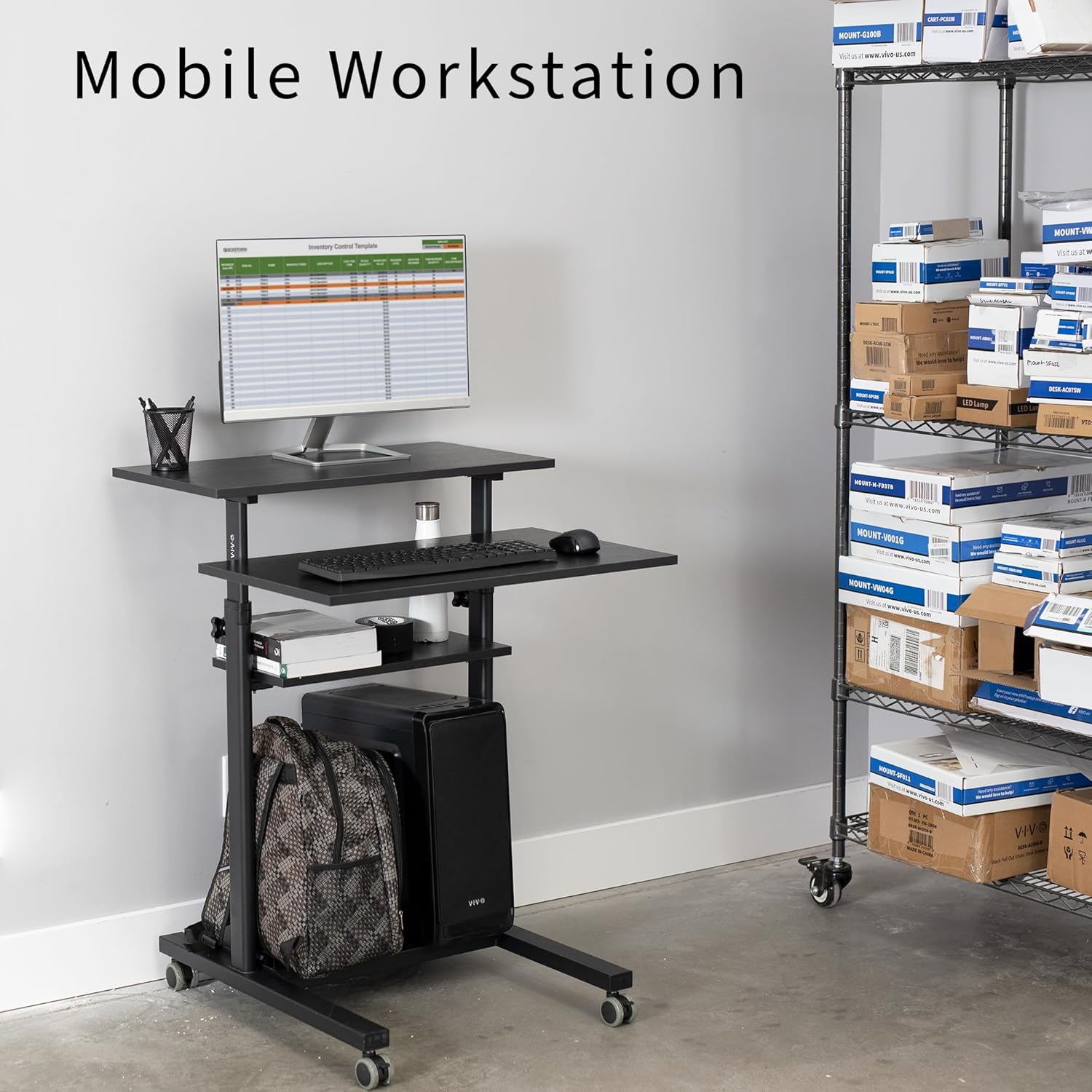 VIVO Mobile Height Adjustable Standing Desk Cart with Storage (Black)