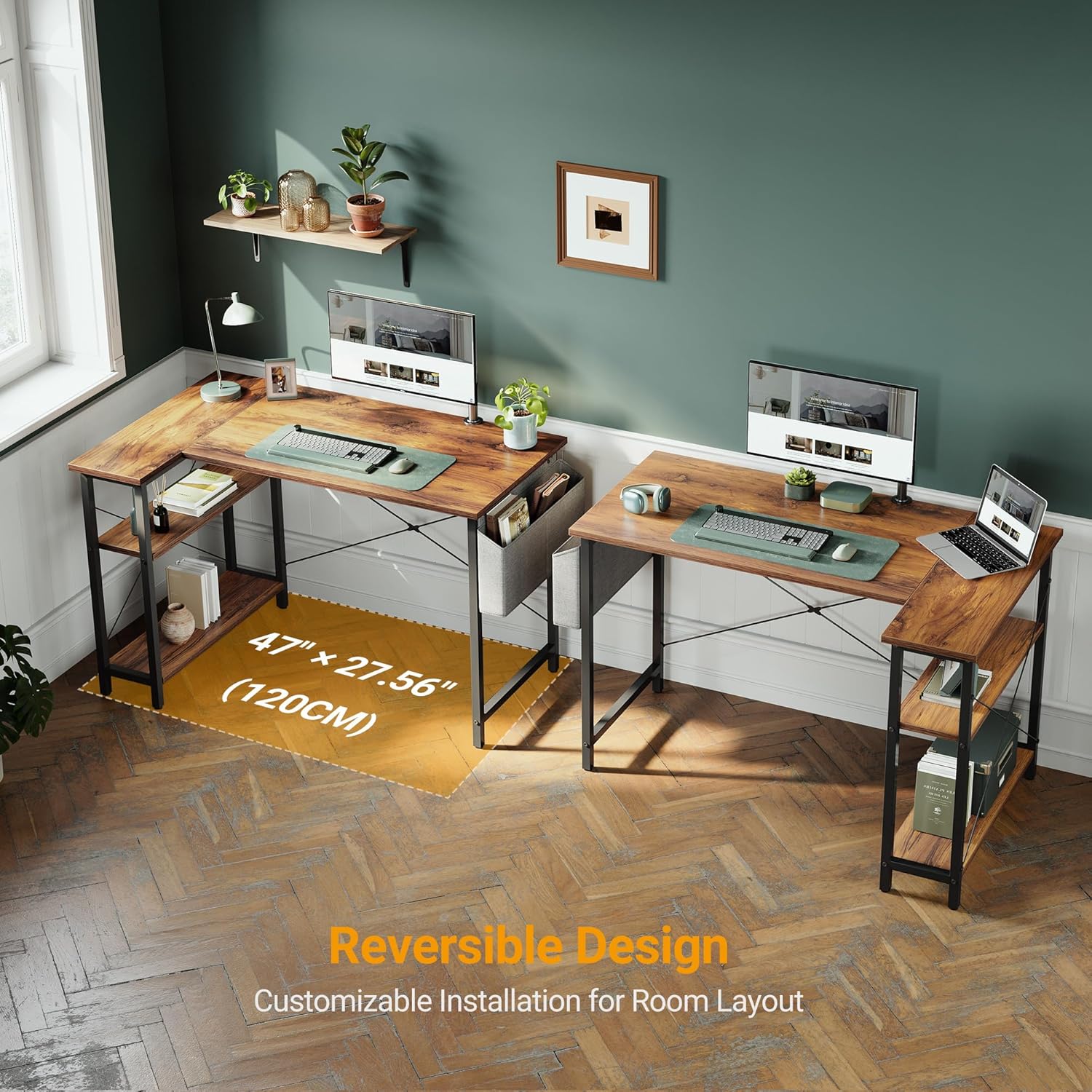 CubiCubi Rustic L-Shaped Computer Desk with Storage Shelves