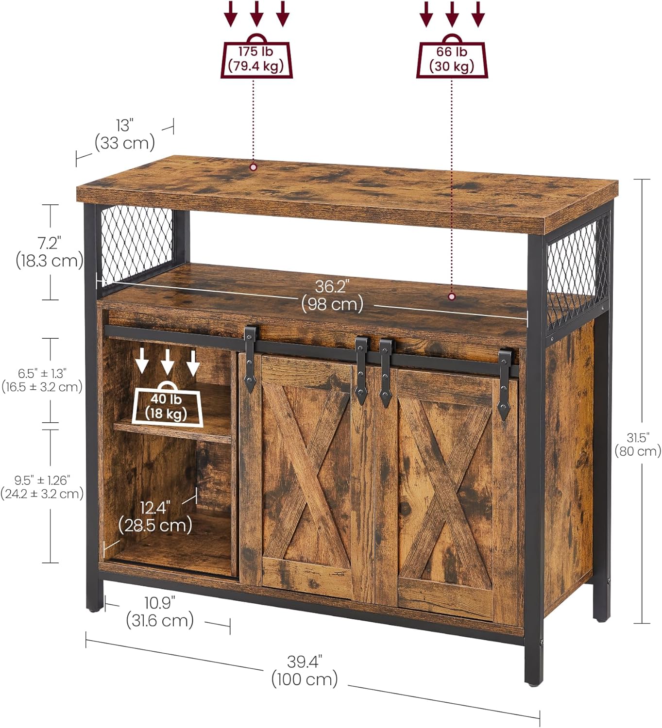 VASAGLE Rustic Storage Sideboard with Sliding Doors
